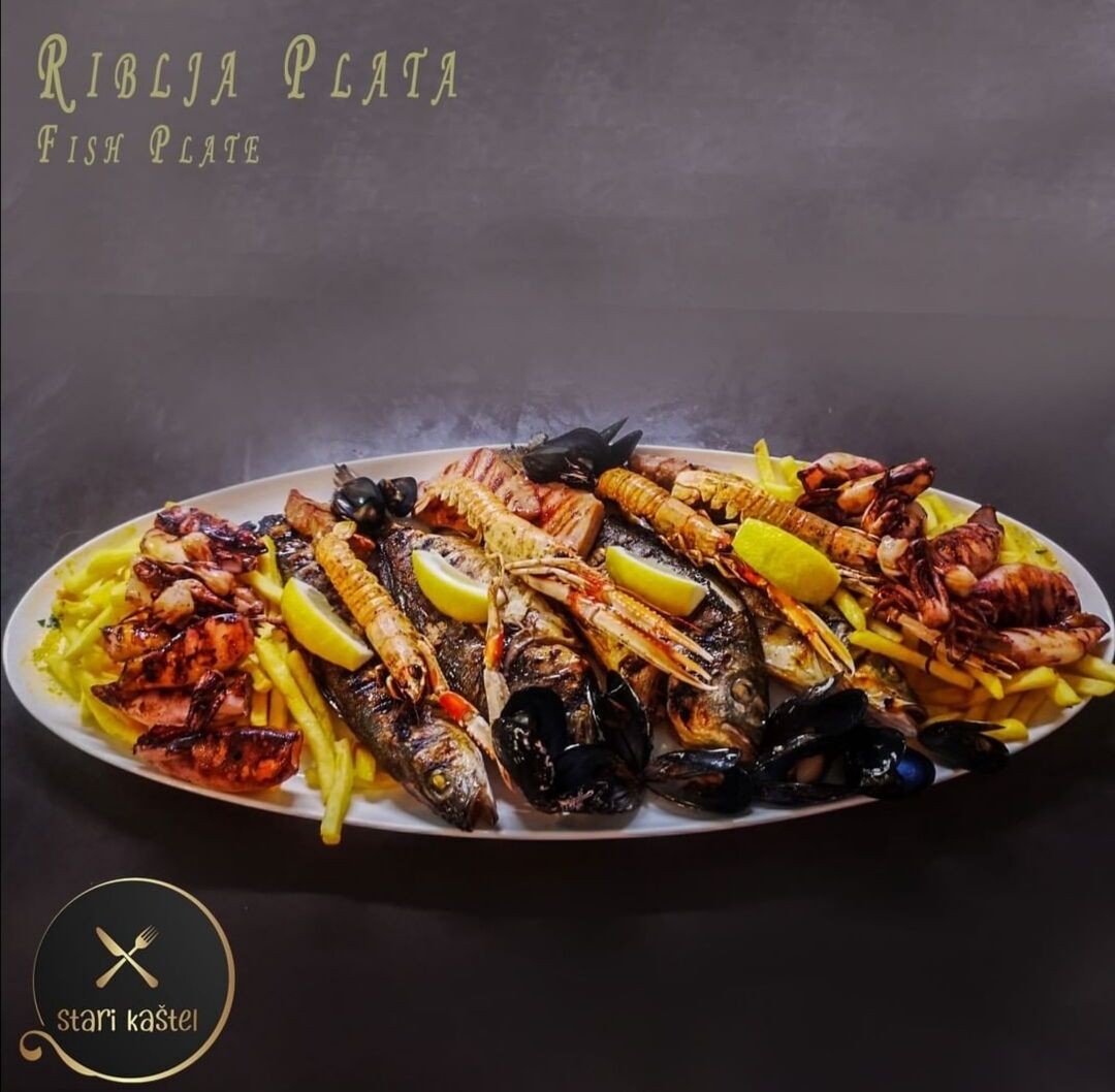 Fish platter — sea bass, scampi, mussels and squid at Bistro Stari Kaštel